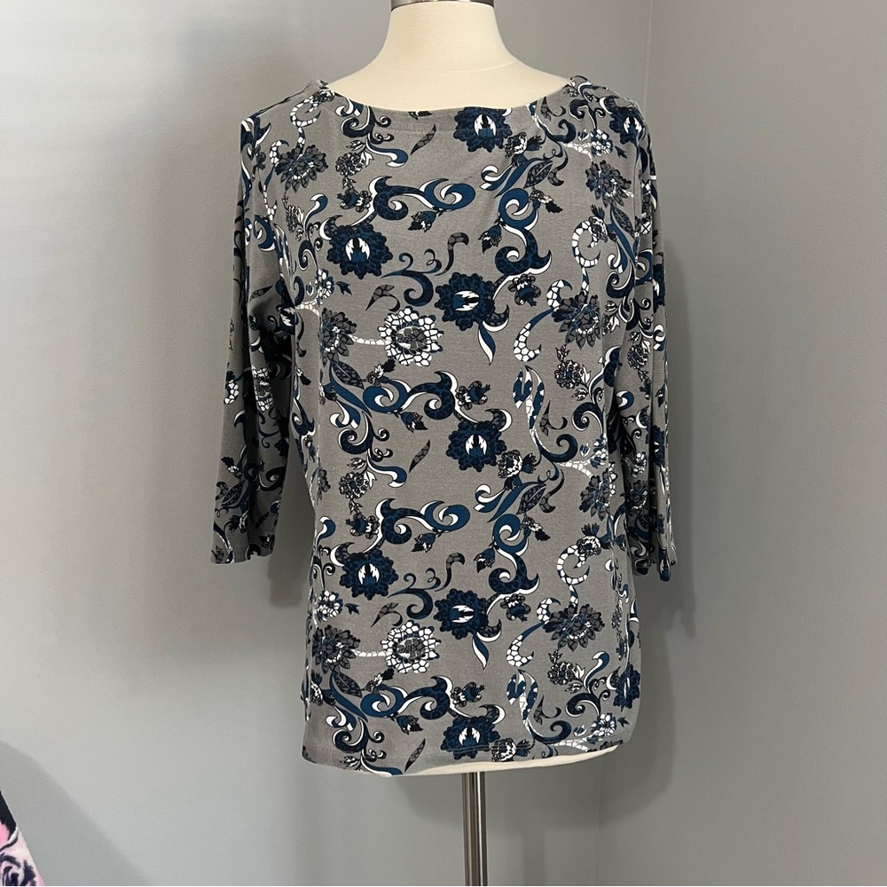 Chico's by Chico's Size 3 (XL/16) Blue Gray Boat Neck 3/4 Sleeve Floral Top